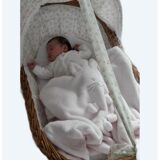 Vintage wicker cradle on wheels from the 1970s.