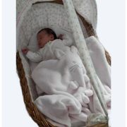 Vintage wicker cradle on wheels from the 1970s.