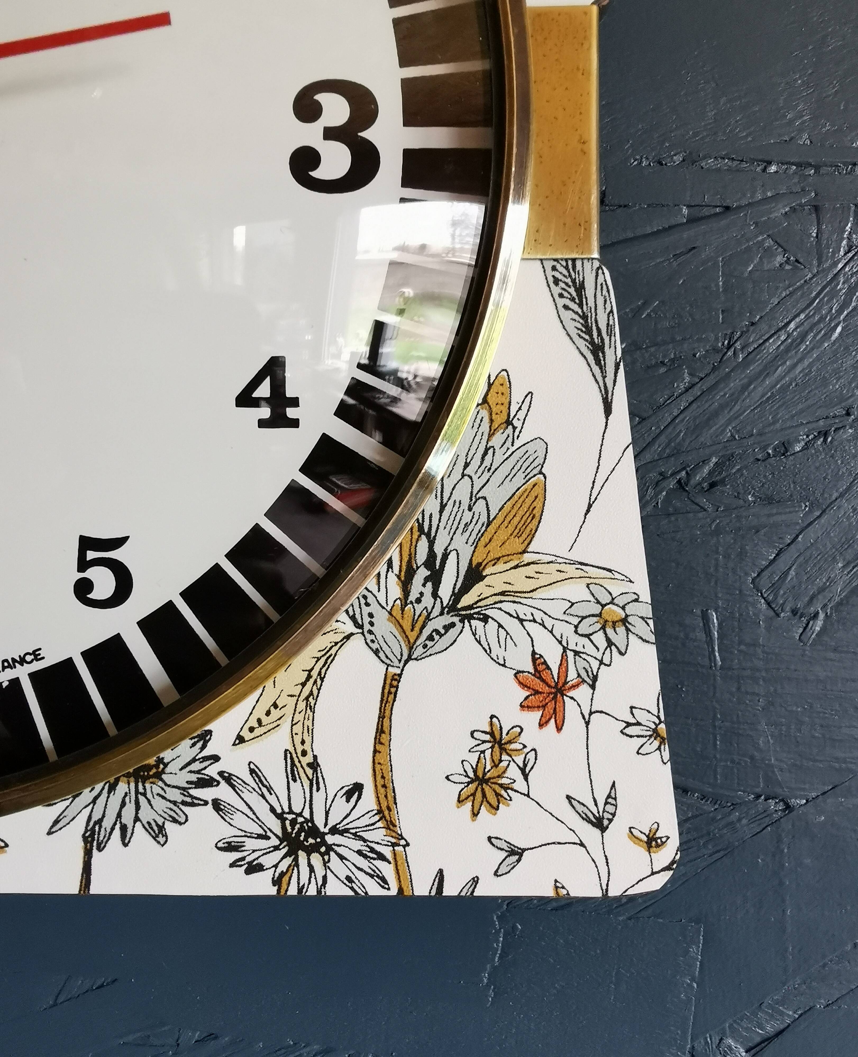 Vintage formica clock silent wall pendulum 60s "Jaz flowers"