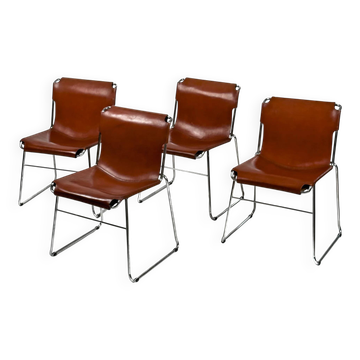 Ensemble de 4 chaises vintage italiennes en chrome et cuir des années 1970