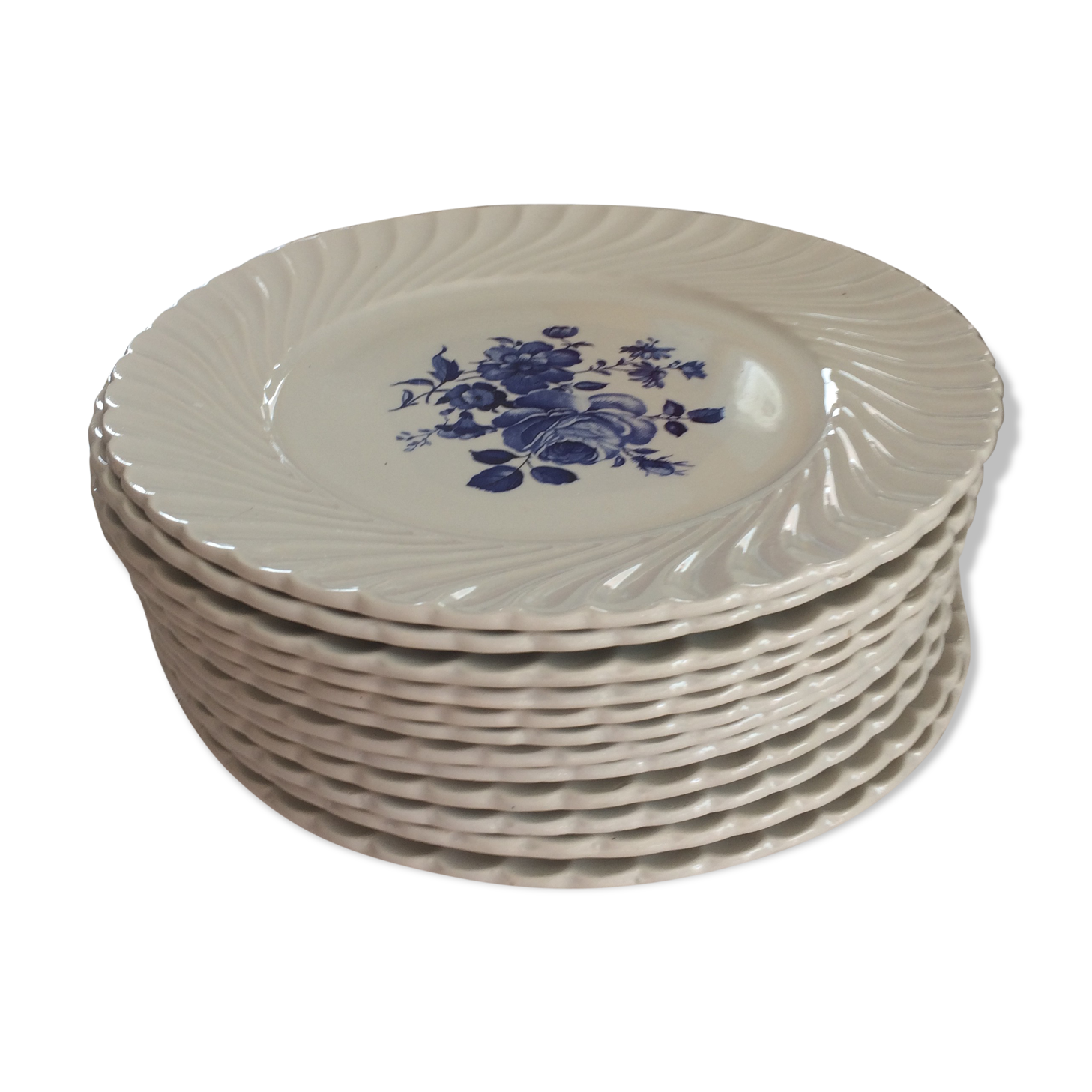 12 plates, white background and blue flowers. Lunéville. France. Years 50.