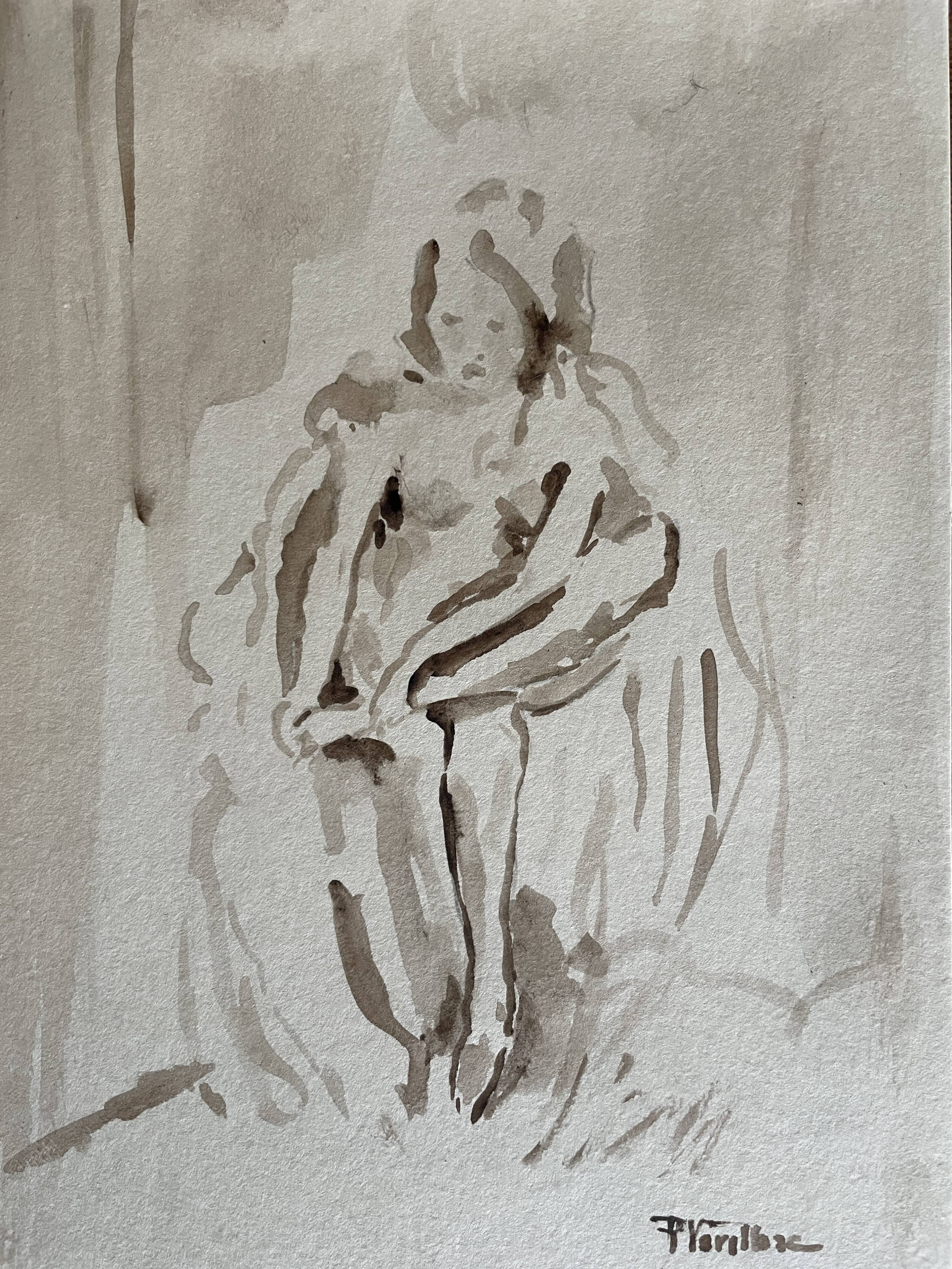 Tableau signé aquarelle portrait féminin « esquisse sortie du bain »