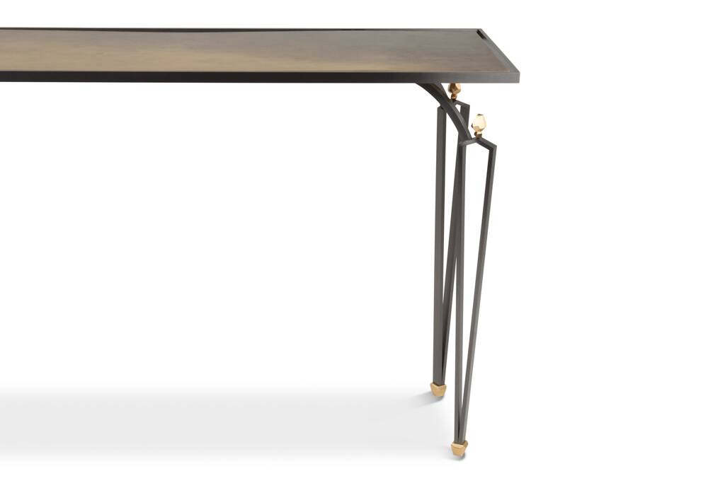 Rectangular console in steel and brass. Contemporary work.