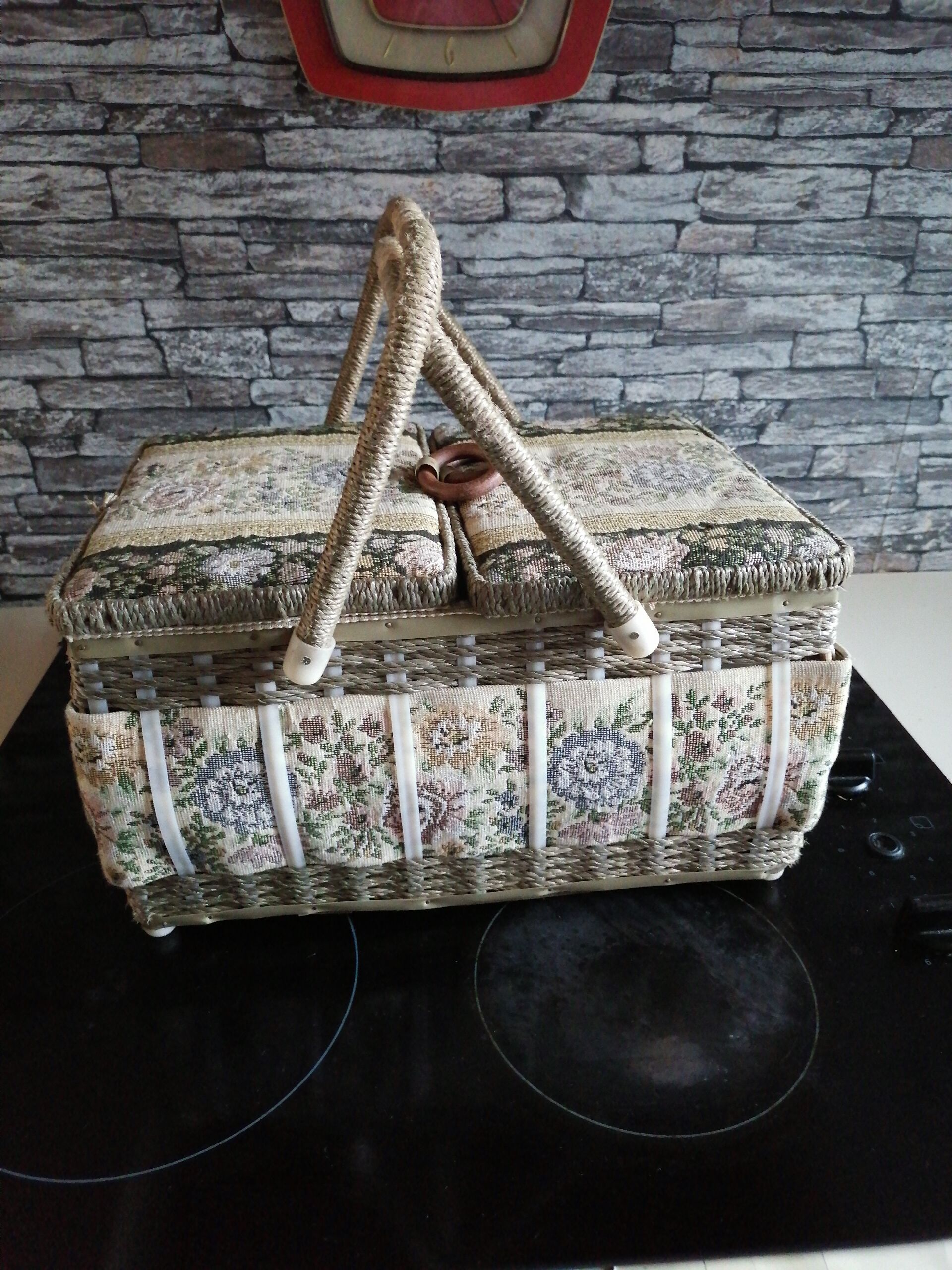 Box basket sewing 2 handles fabric 1960 1970