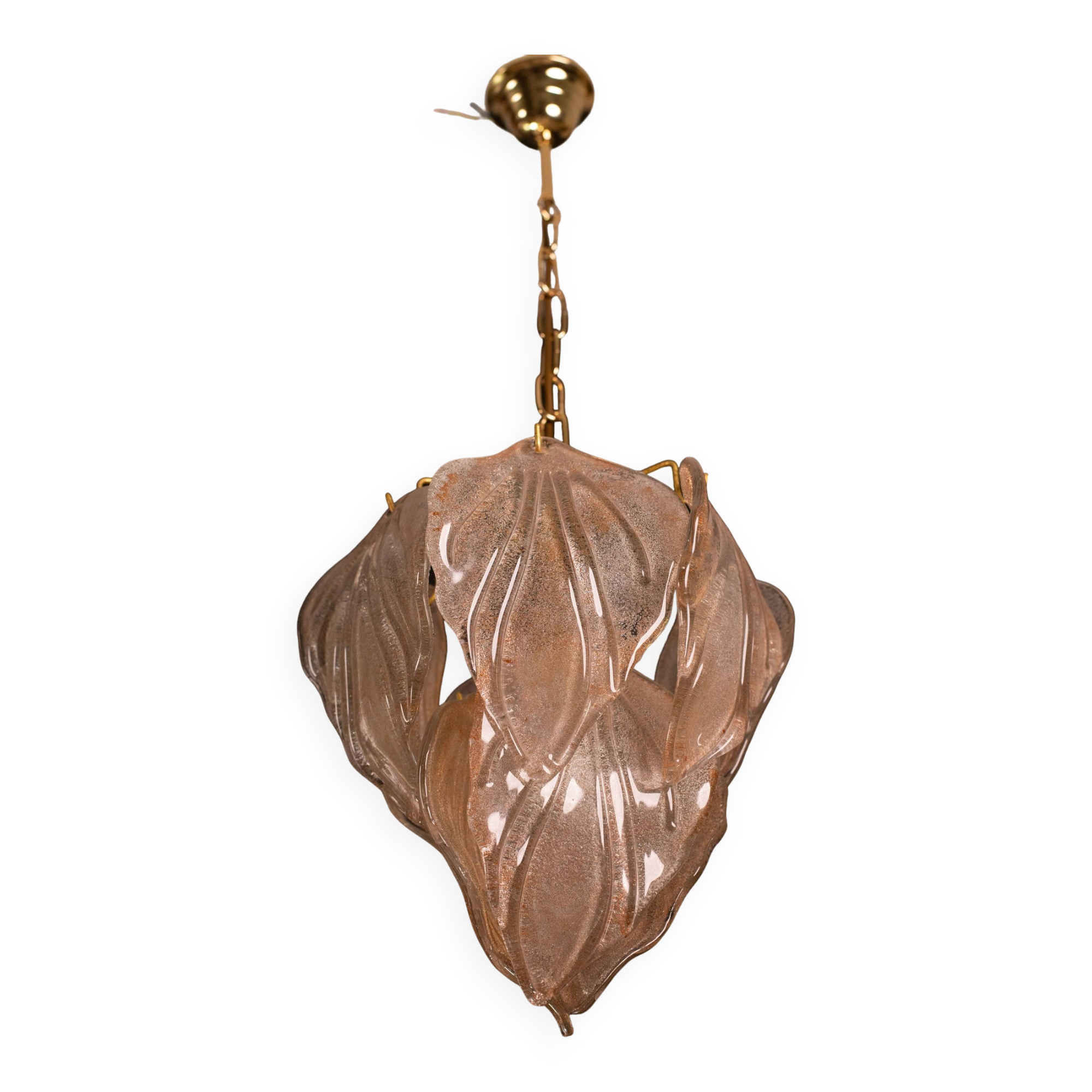Gorgeous vintage Murano chandelier with leaves of orange and pink highlights