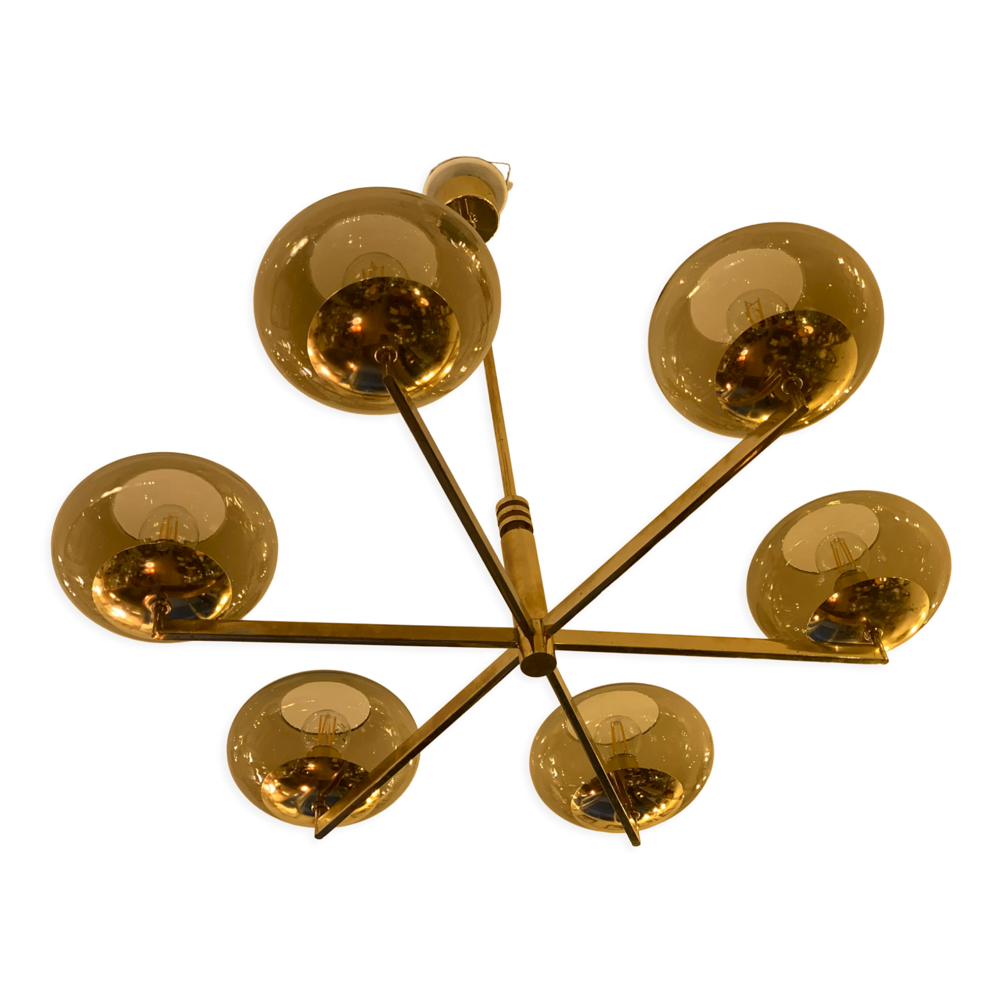 Italian Sciolari chandelier in brass, 6 burners with smoked glass, 1970