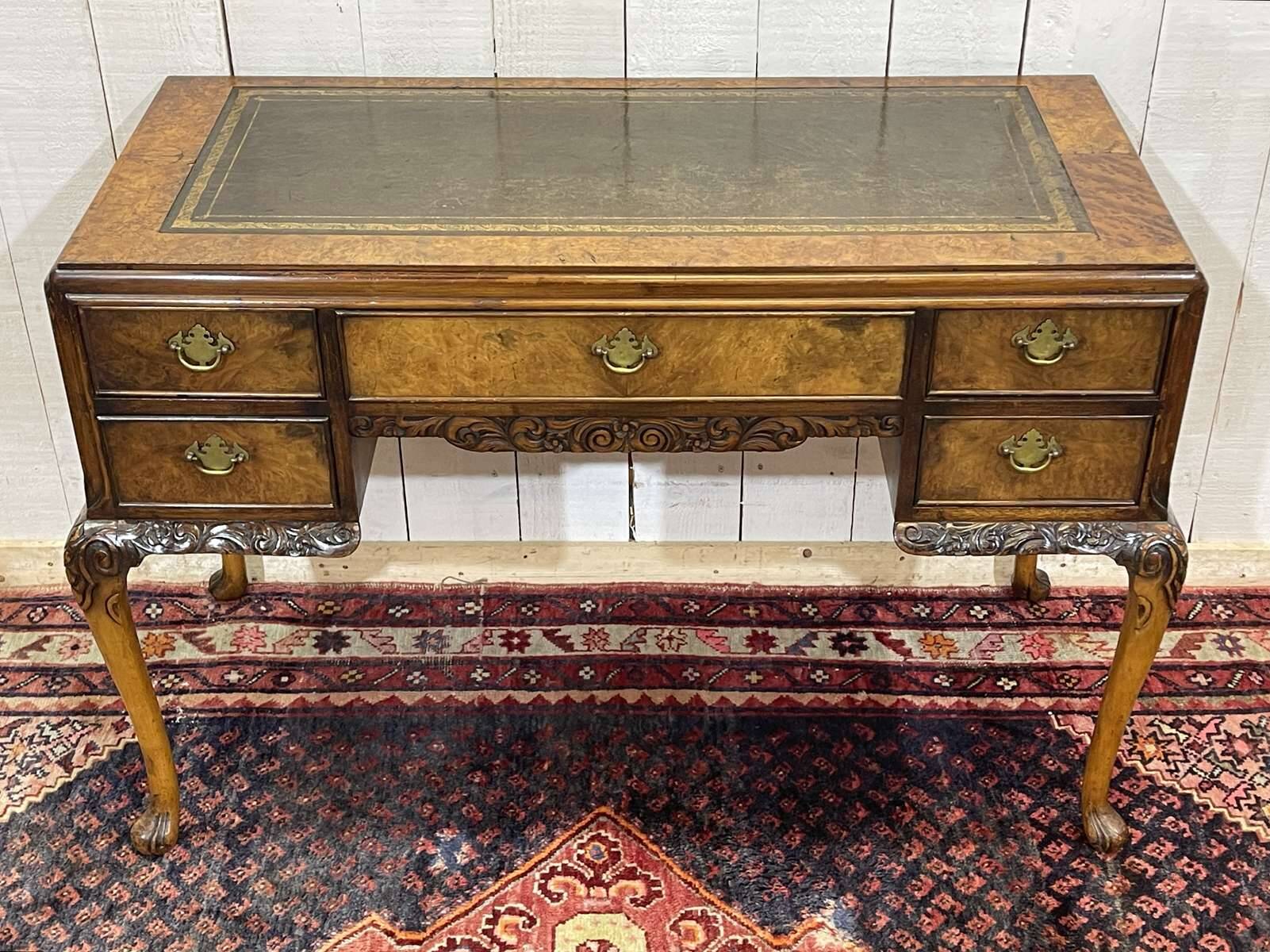 1930s Chippendale English desk in burr walnut