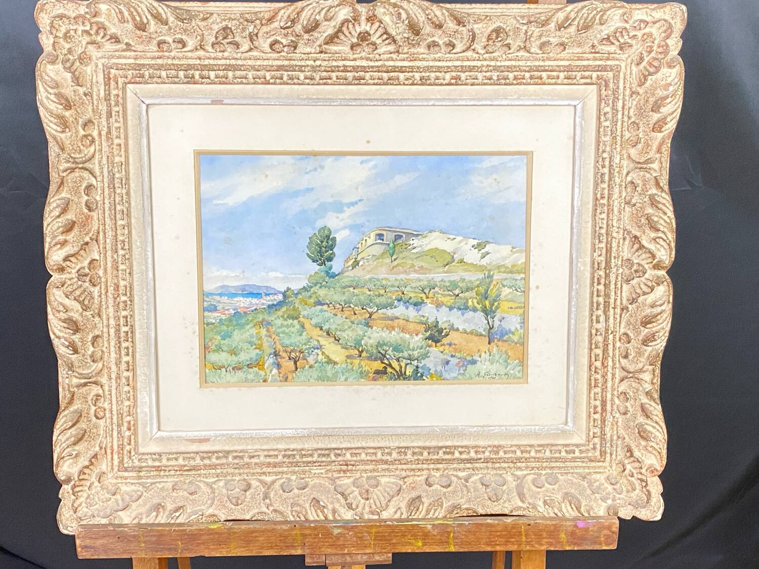 Watercolour landscape of Provence "the fort on the town", early 20th century.