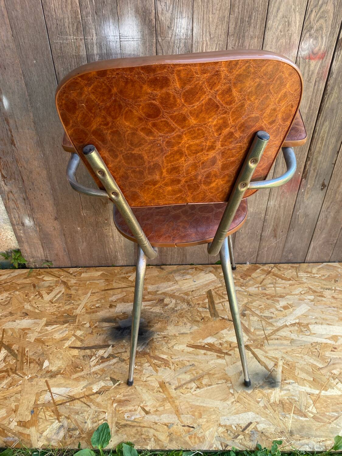 Antique Chrome Metal Armchair + Crocodile Brown Leatherette Seat & Back #C5