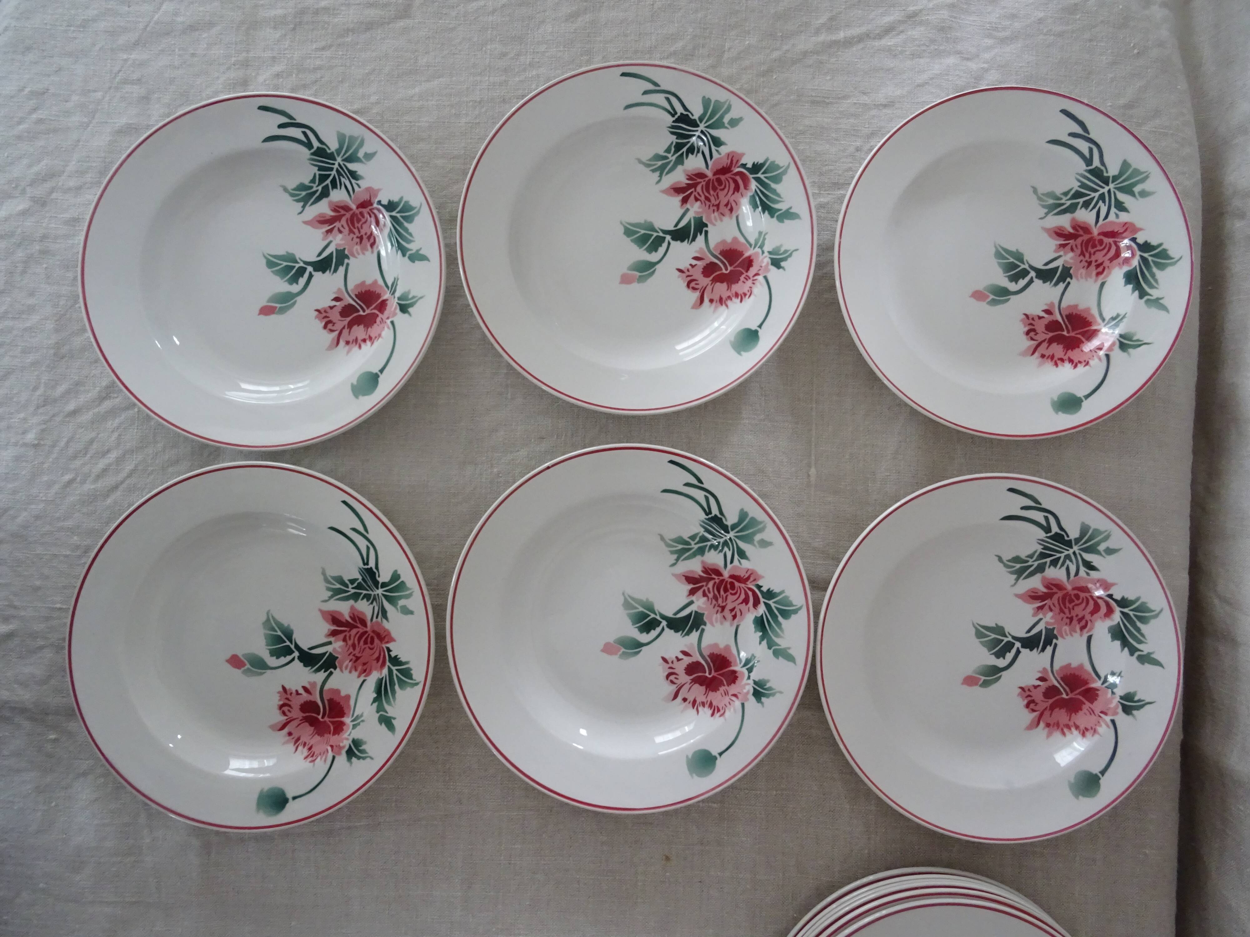 12 plates old flat and hollow HBCM Creil Montereau Luxeuil carnations