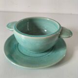 Earthenware bowl and saucer in glazed water green ceramic.