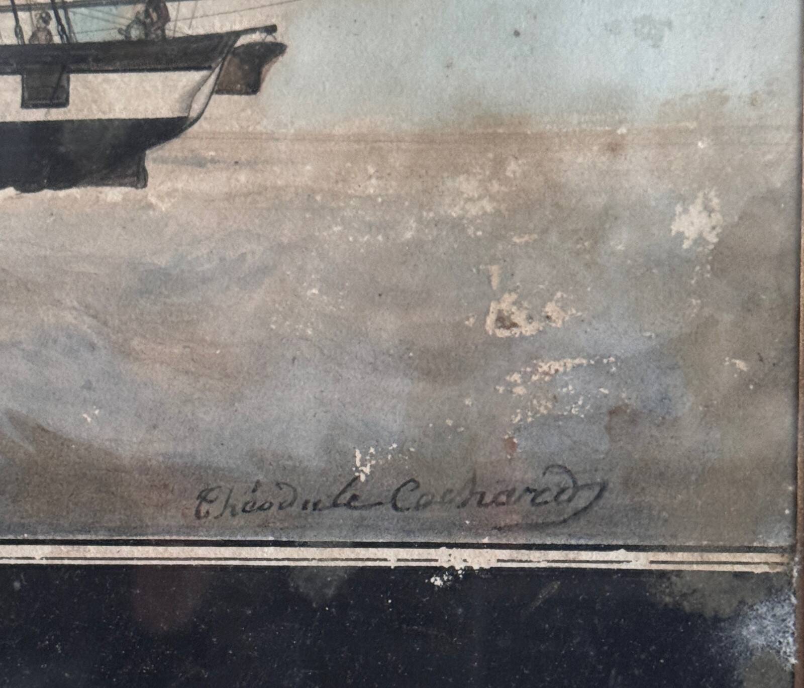 Watercolor on paper of a three-masted French ship from the 19th century by Th. Cochard