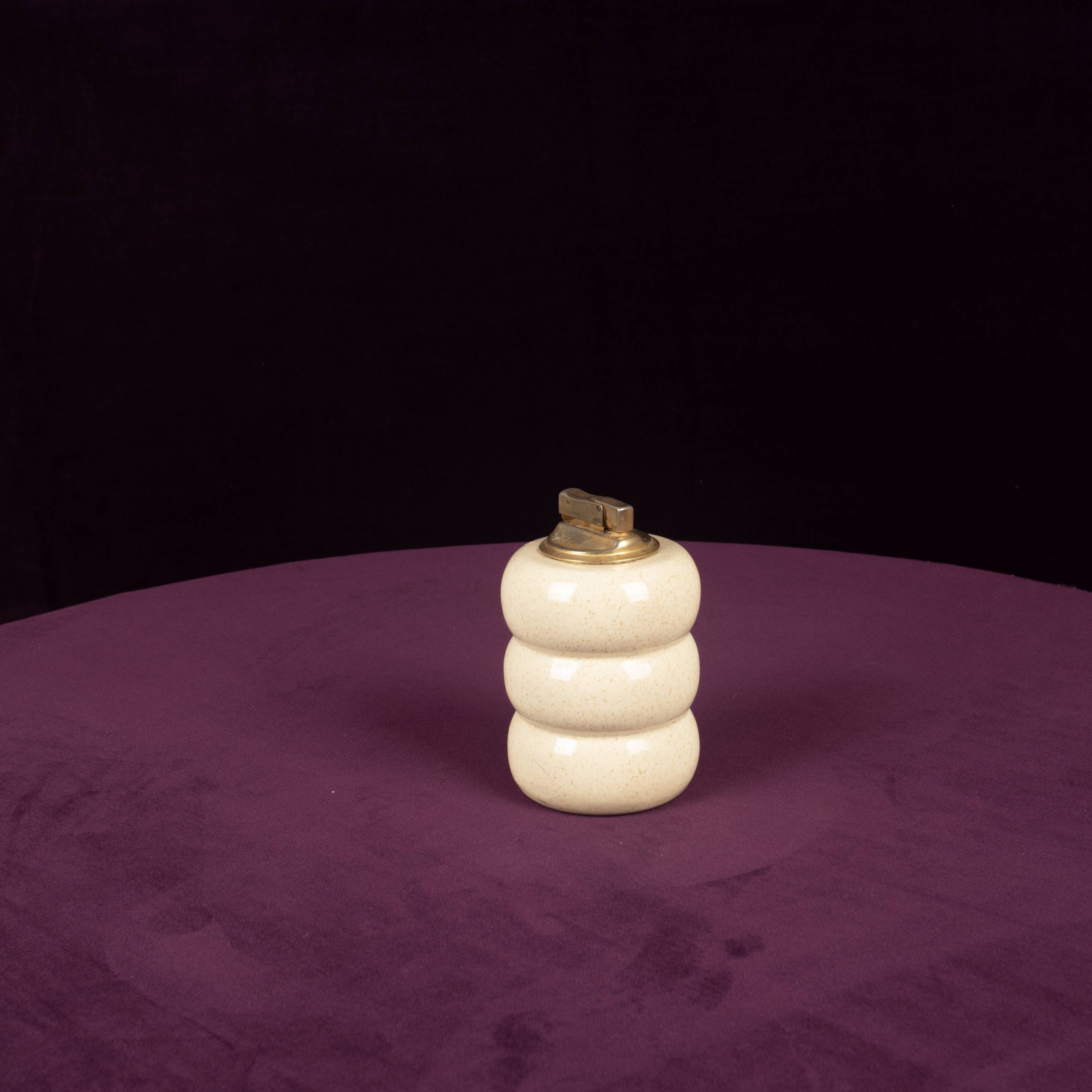 Tommaso Barbi Cream Speckled Ceramic and Brass Table Lighter 1970