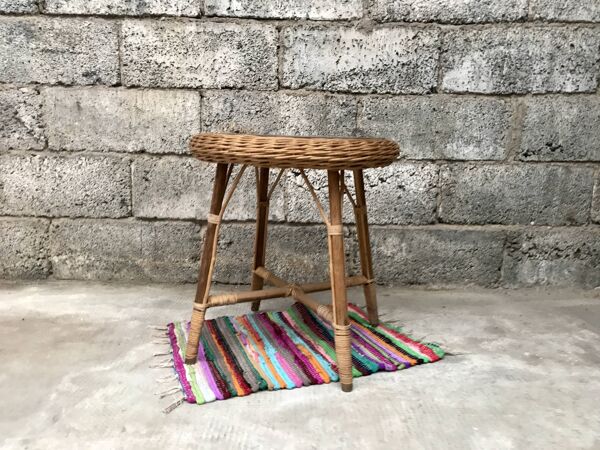 Guéridon vintage en osier rotin ancien bohème 1950