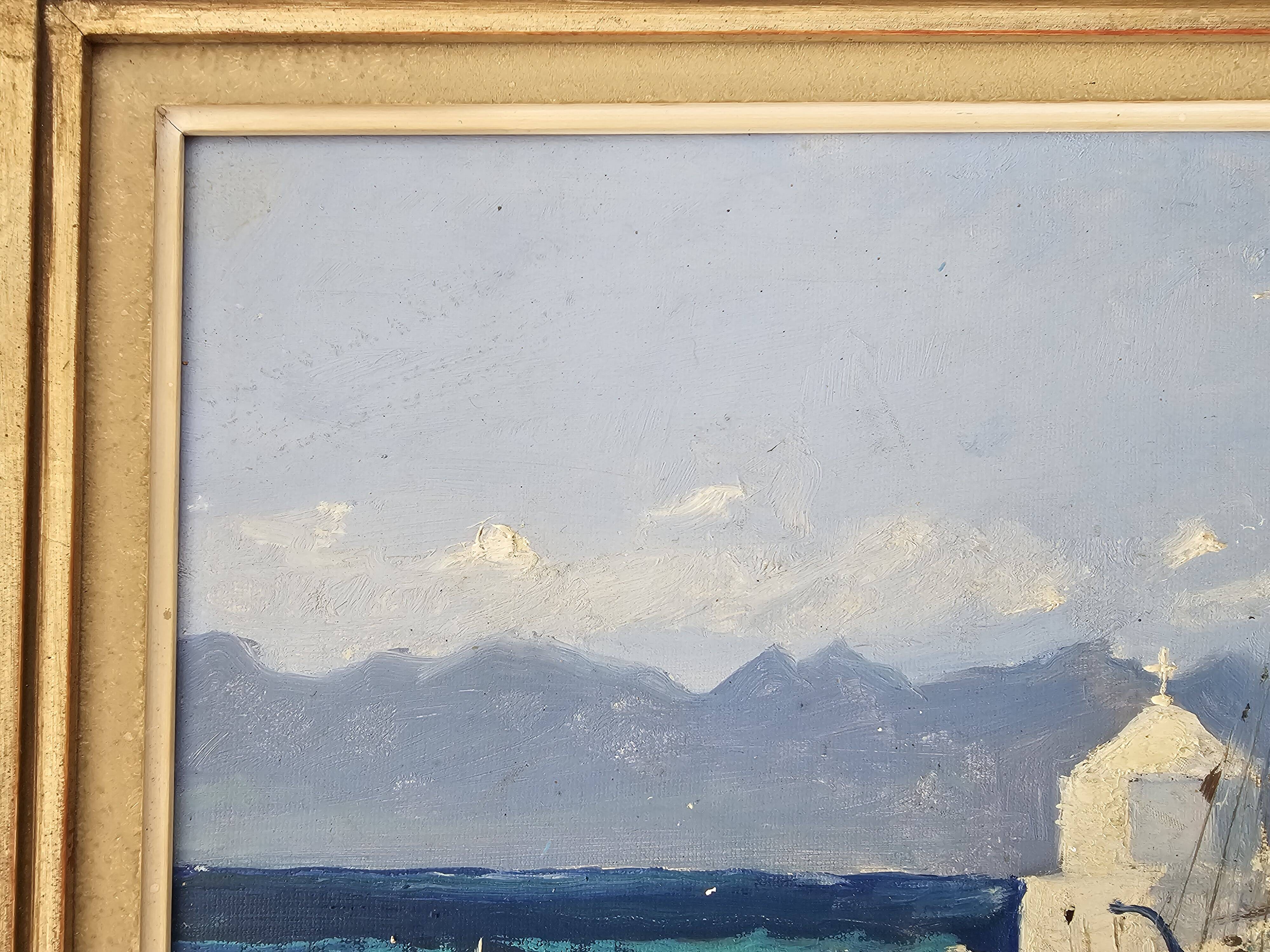 Tableau Huile sur Carton Paysage Grèce Marine - Signé René Marie Dujardin