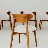 Set of 6 Dining Chairs, Light Beech Wood, White Bouclè Fabric, Modern 