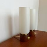 Paire de petites lampes poser teck et opaline