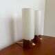 Paire de petites lampes poser teck et opaline