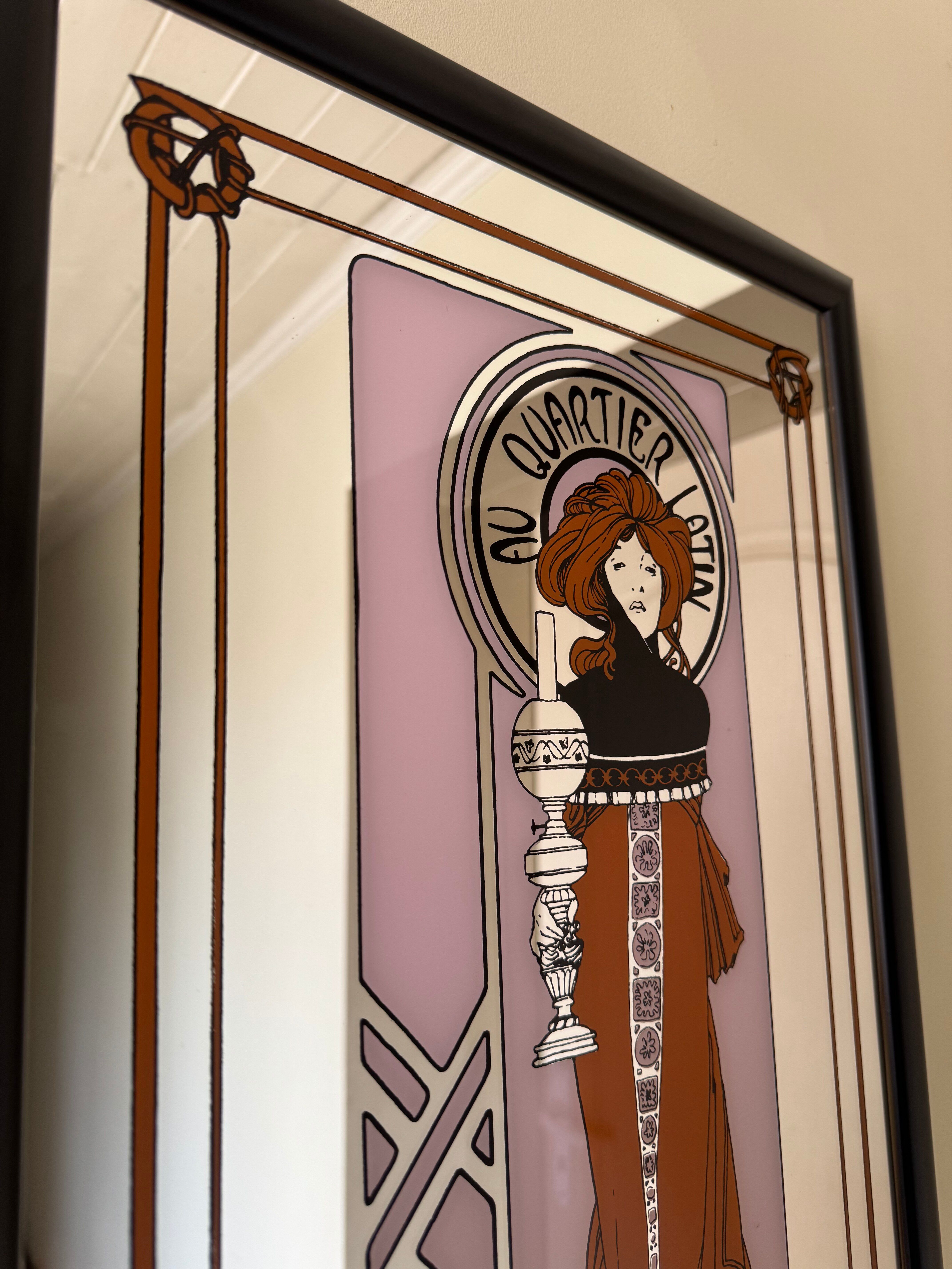 Vintage Alphonse Mucha Art Nouveau Mirror | Framed “Au Quartier Latin”