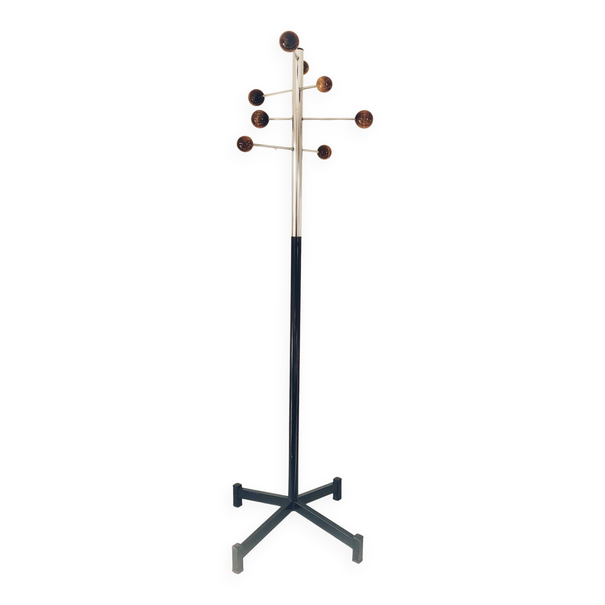 Atomic Coat rack in chrome/black metal and wood.