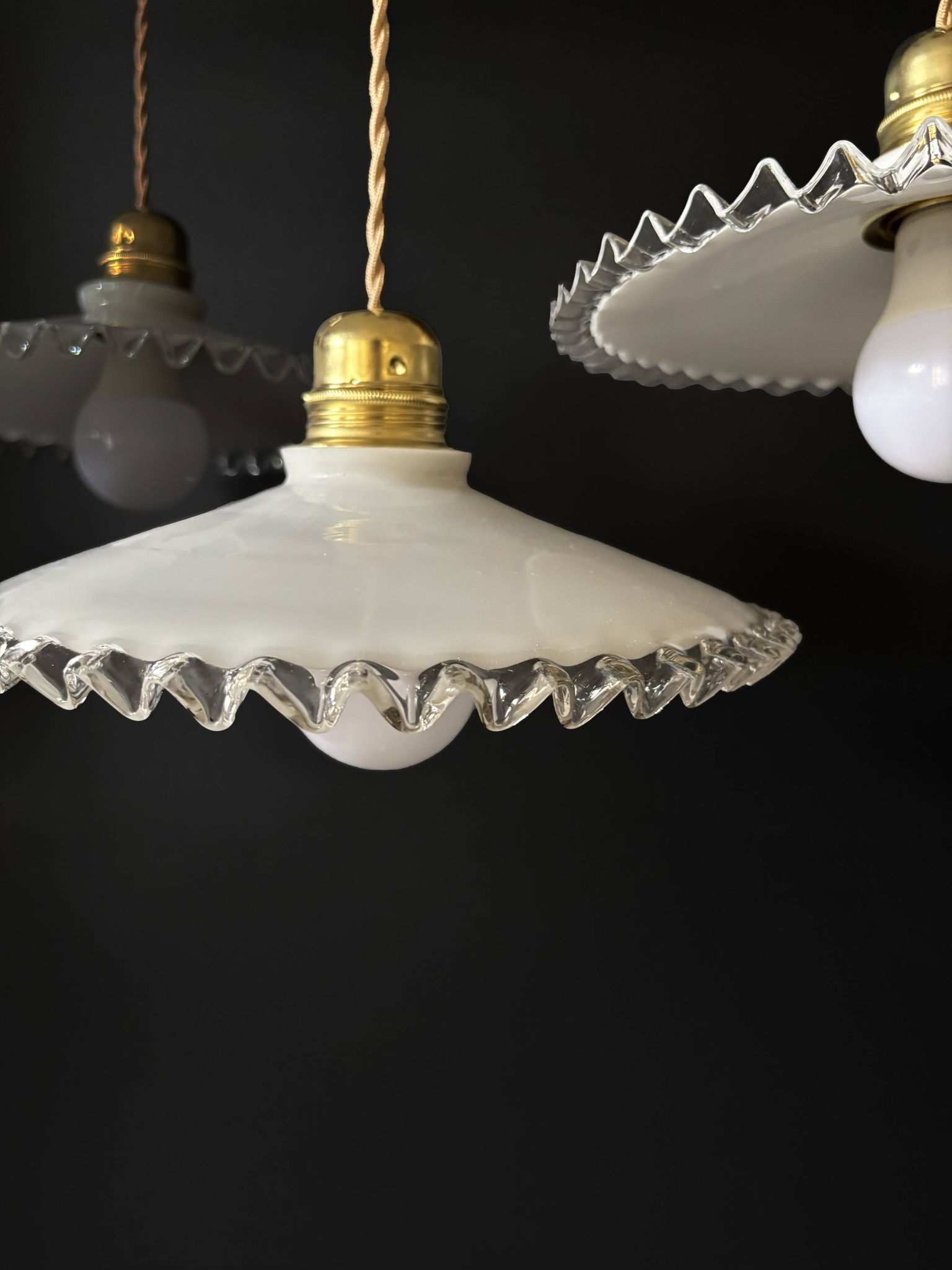 Set of 3 vintage white scalloped opaline pendants, France