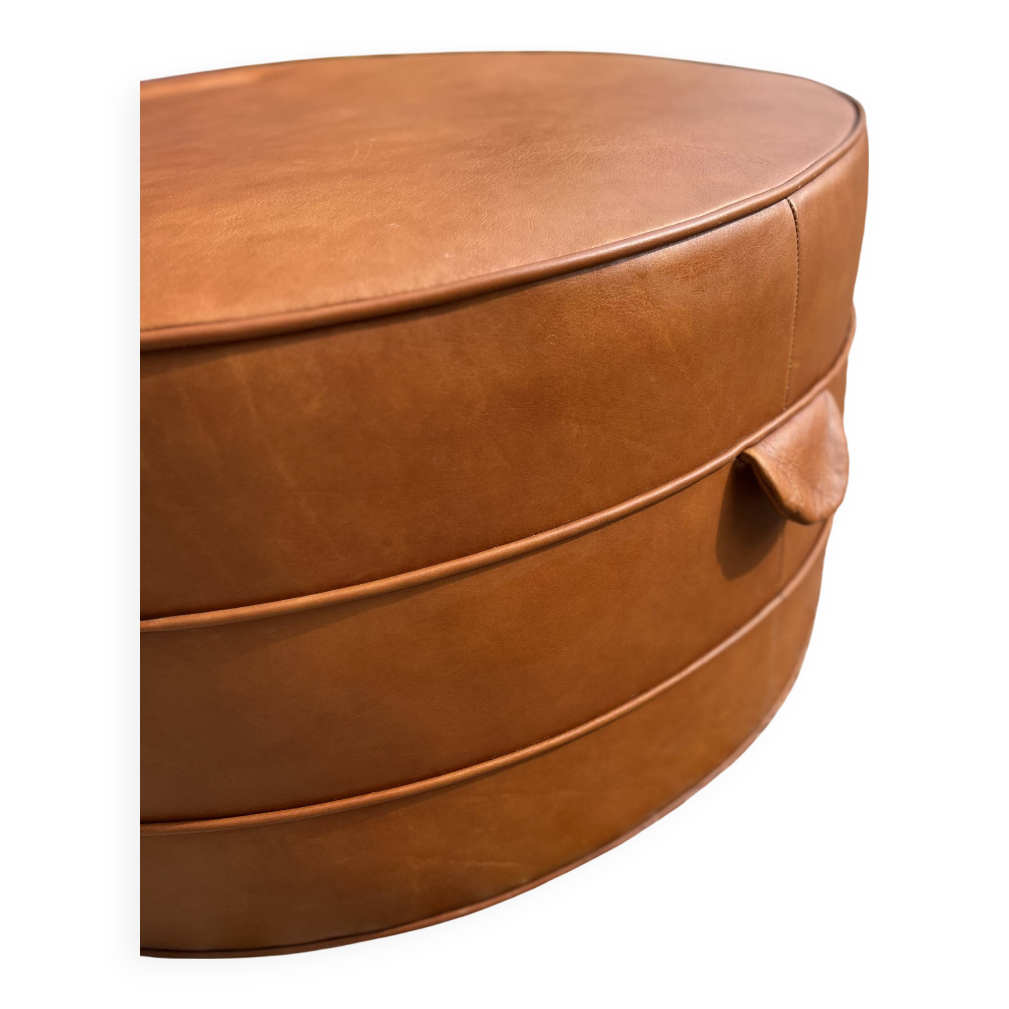Large round cognac leather pouf