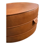 Large round cognac leather pouf