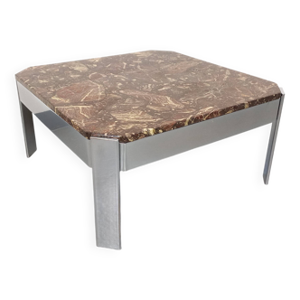 Vintage square coffee table in marble and chrome metal from the 70s