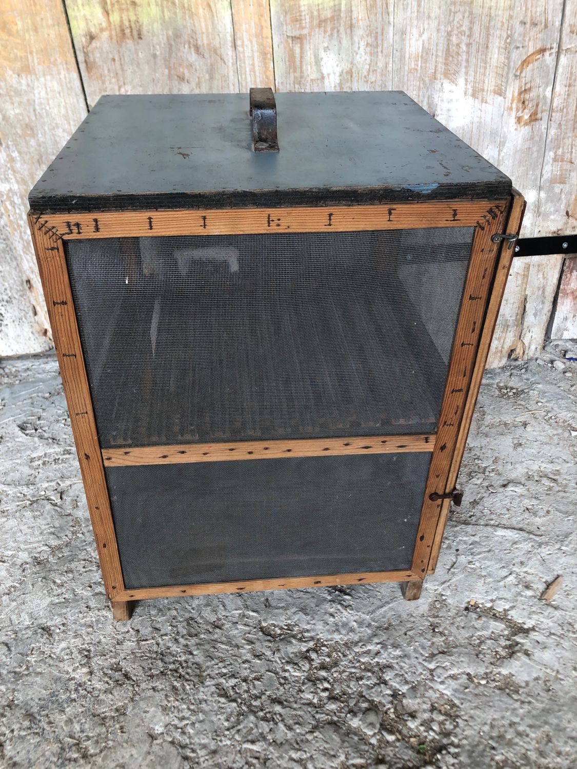 Old wooden pantry cabinet and mesh & vintage metal handle