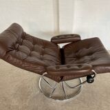 Vintage brown leather reclining lounge chair Ekornes Stressless & stool, 1960s
