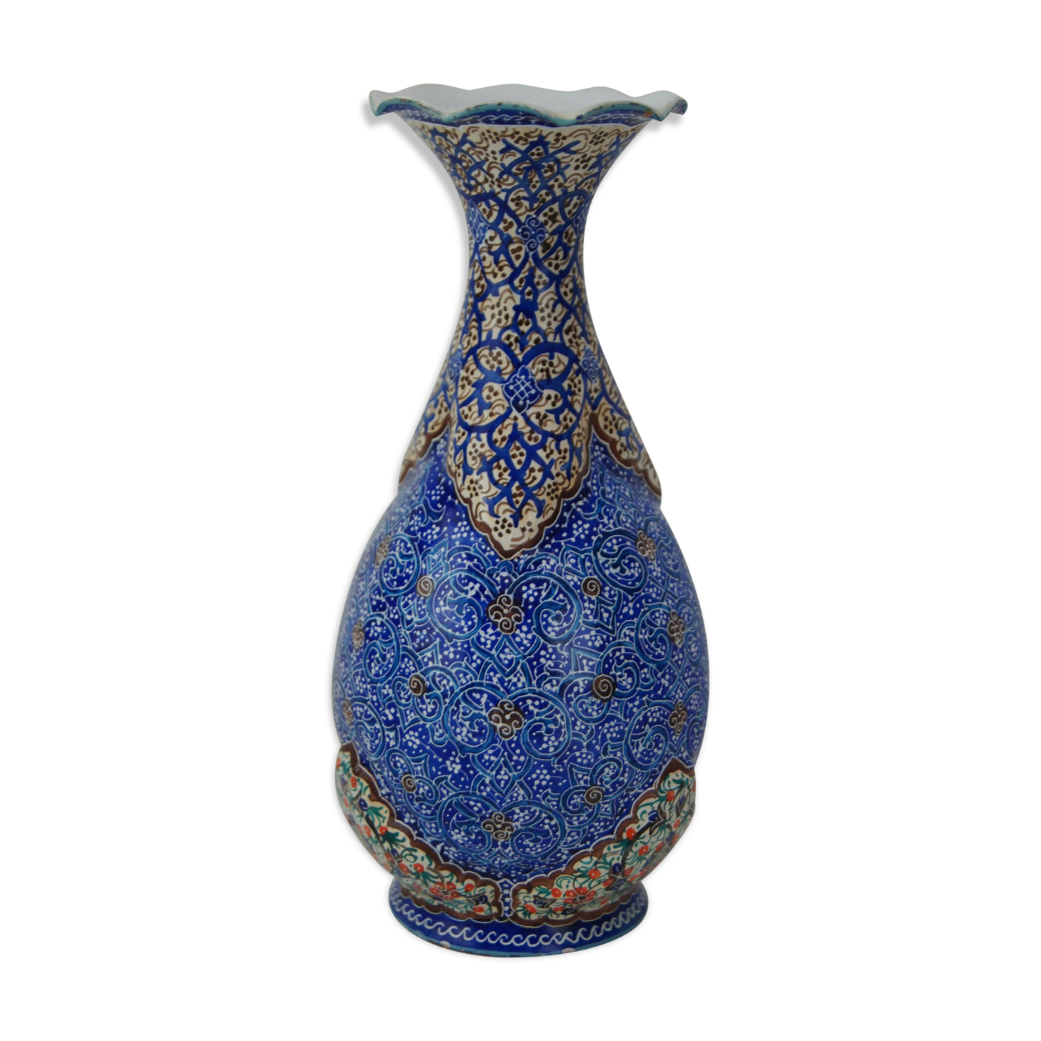 Piriform vase with a flared metal collar enamelled with a polychrome decoration, marked "Amini Iran" on the reverse.