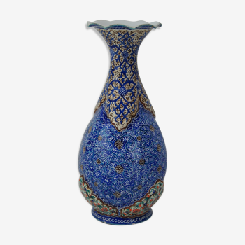 Piriform vase with a flared metal collar enamelled with a polychrome decoration, marked "Amini Iran" on the reverse.