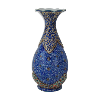 Piriform vase with a flared metal collar enamelled with a polychrome decoration, marked "Amini Iran" on the reverse.