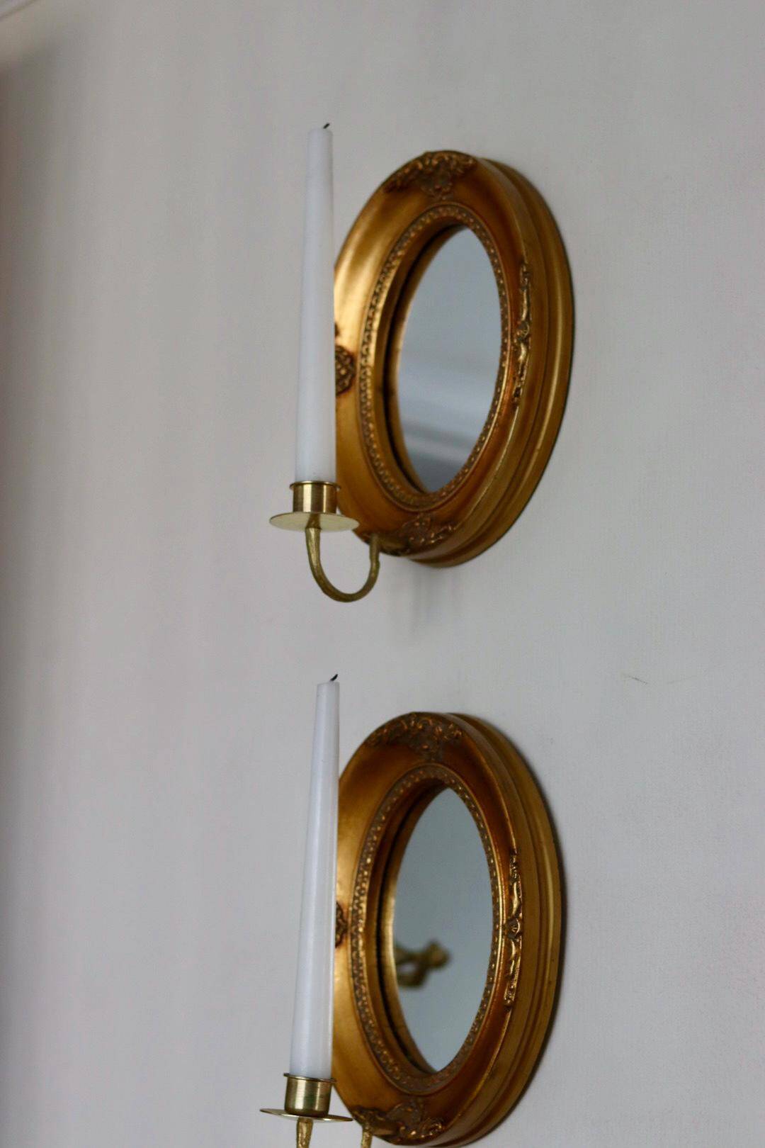 Pair of Mid Century Swedish Gilded Wooden Sconces with Mirror