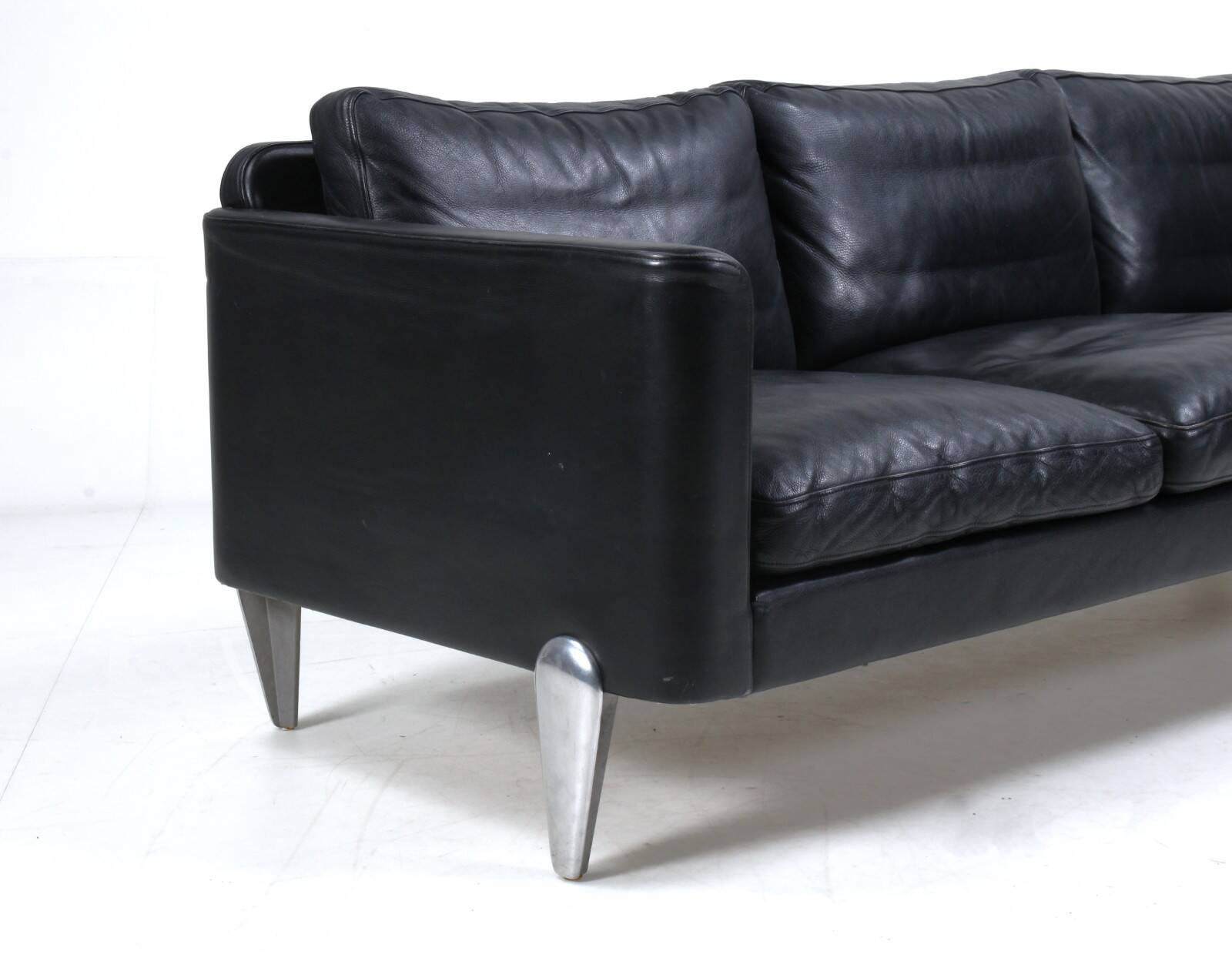 Vintage danish soren holst black leather 3 seater sofa with aluminium legs