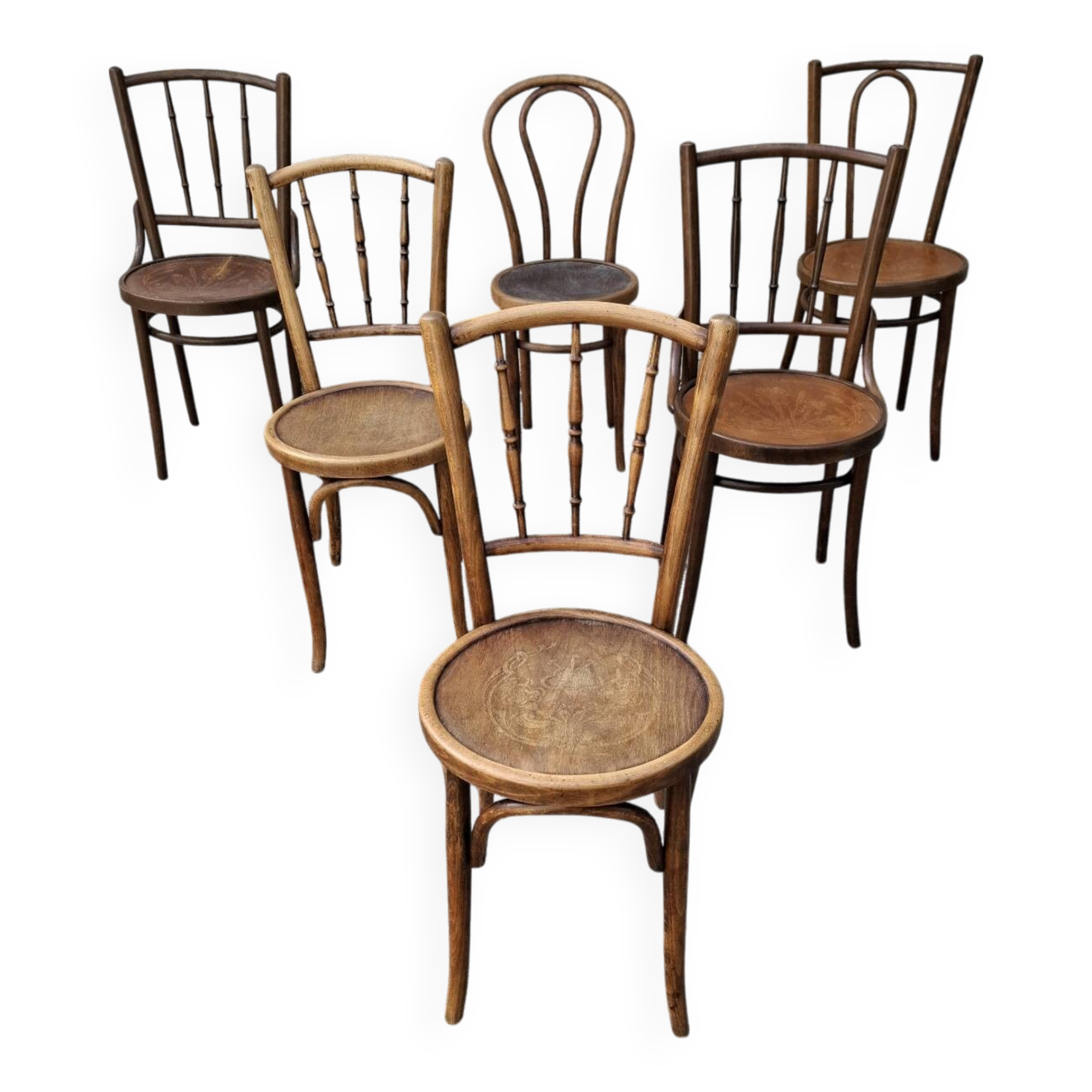 6 mismatched bistro chairs