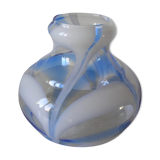 Ancien abat-jour lustre luminaire en verre ligne bleu blanche façon berlingot plafonnier