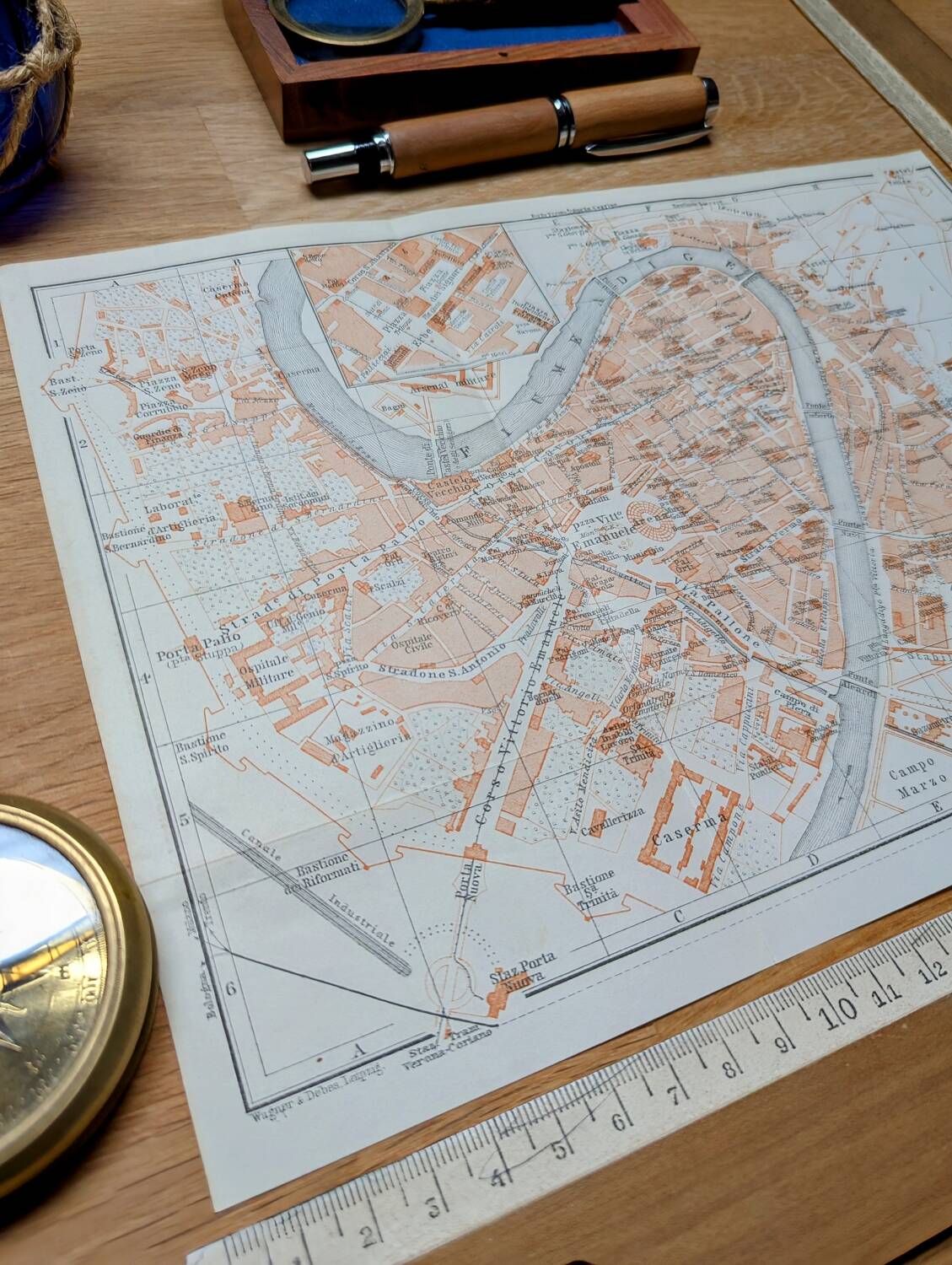 Printed in 1909, map of Verona (Verona), Veneto, Italy.