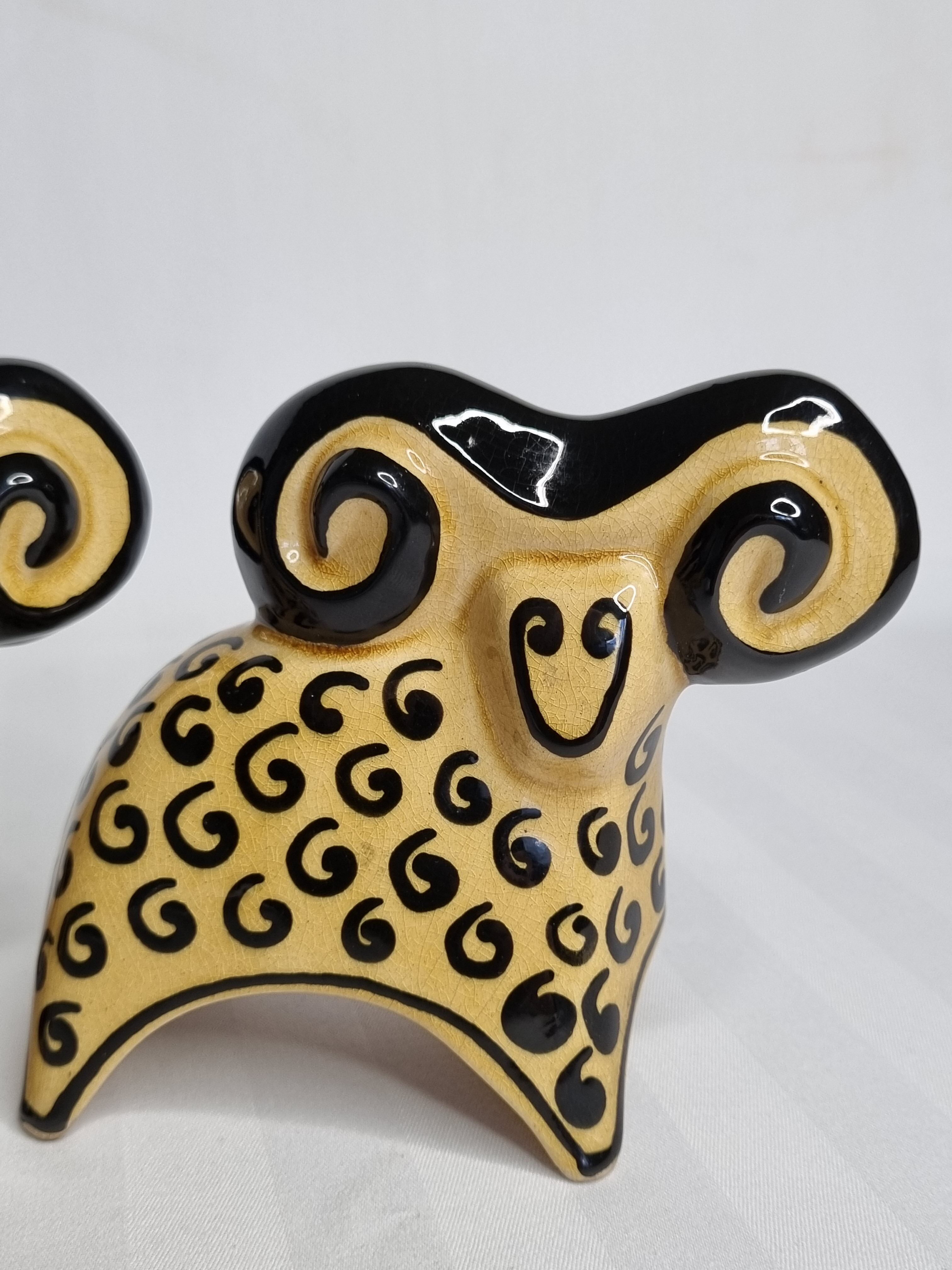 Two stylized rams in glazed ceramic, vintage, Kasakhstan