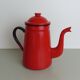 Set milk pot, kettle, coffee maker and red enamelled strainer