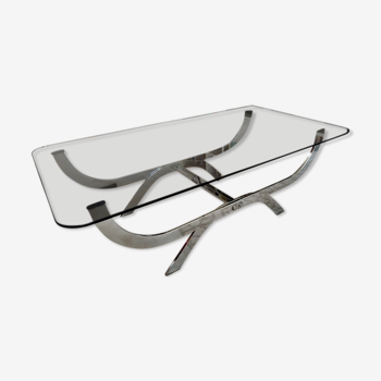 Rectangular chrome metal coffee table and 70s smoked glass