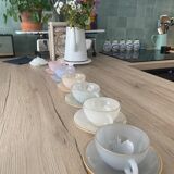 Coffee or tea cups and under cups Arcopal Harlequin pastel opaline