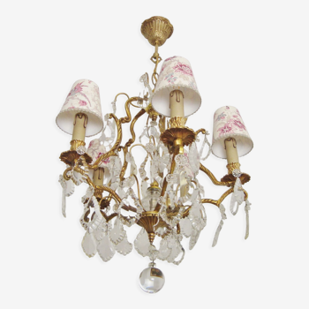 Lustre pampilles ancien avec cinq abat-jours faits main en tissu vintage oiseaux et fleurs