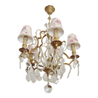 Lustre pampilles ancien avec cinq abat-jours faits main en tissu vintage oiseaux et fleurs