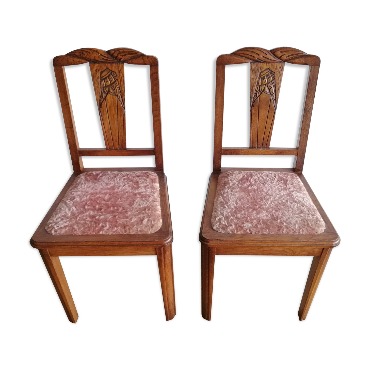 Lot de 2 chaises années 50 chêne et velours rose