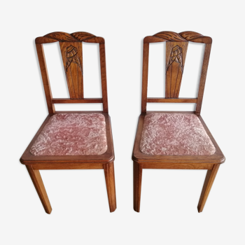 Lot de 2 chaises années 50 chêne et velours rose