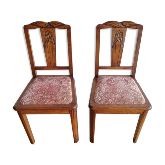 Lot de 2 chaises années 50 chêne et velours rose