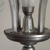 French Art Deco chandelier in silver-finished brass with 5 lights, Clichy white glass 4456.