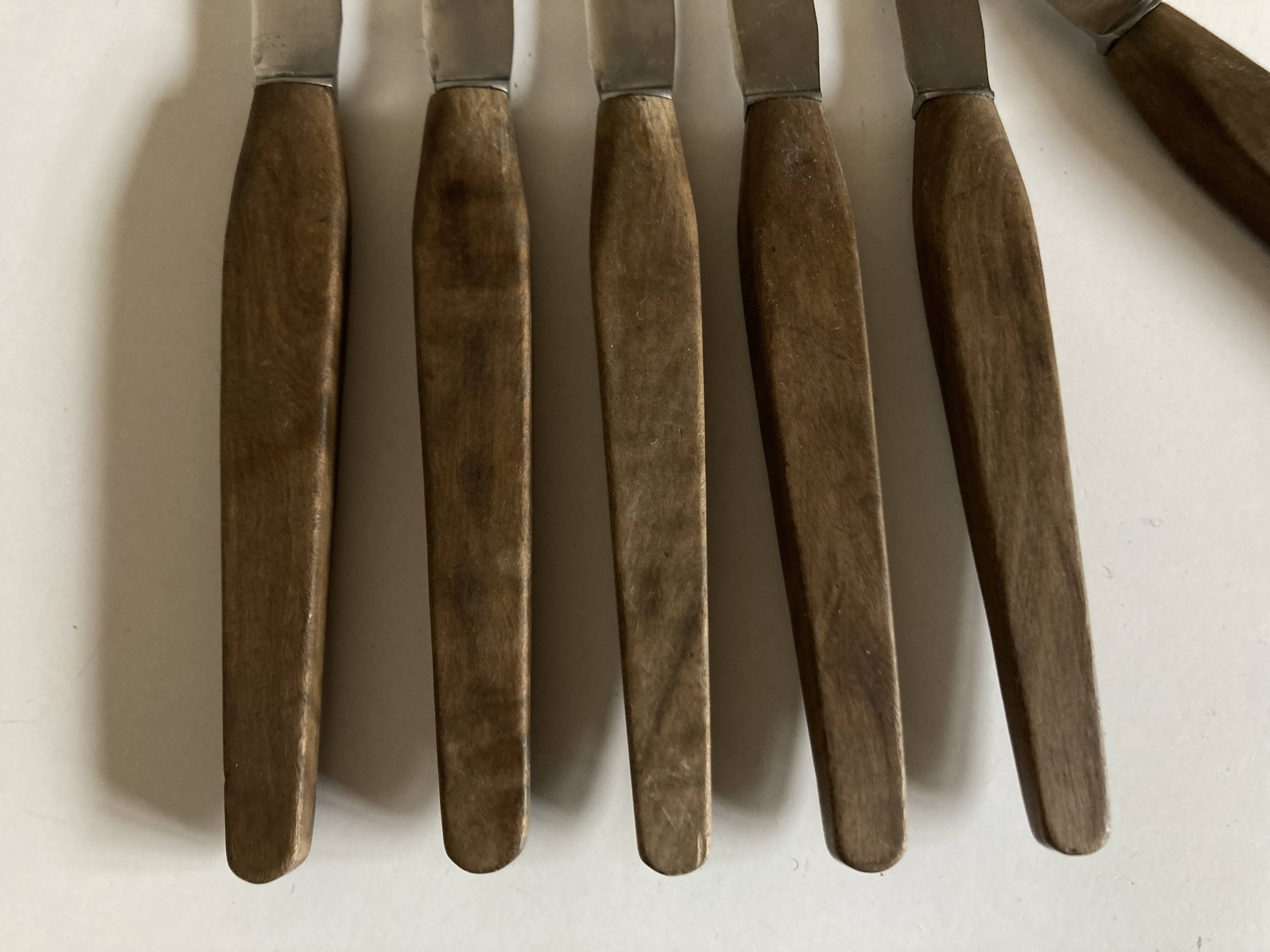 Set of 6 Scandinavian table knives, stainless steel blade, teak handle.