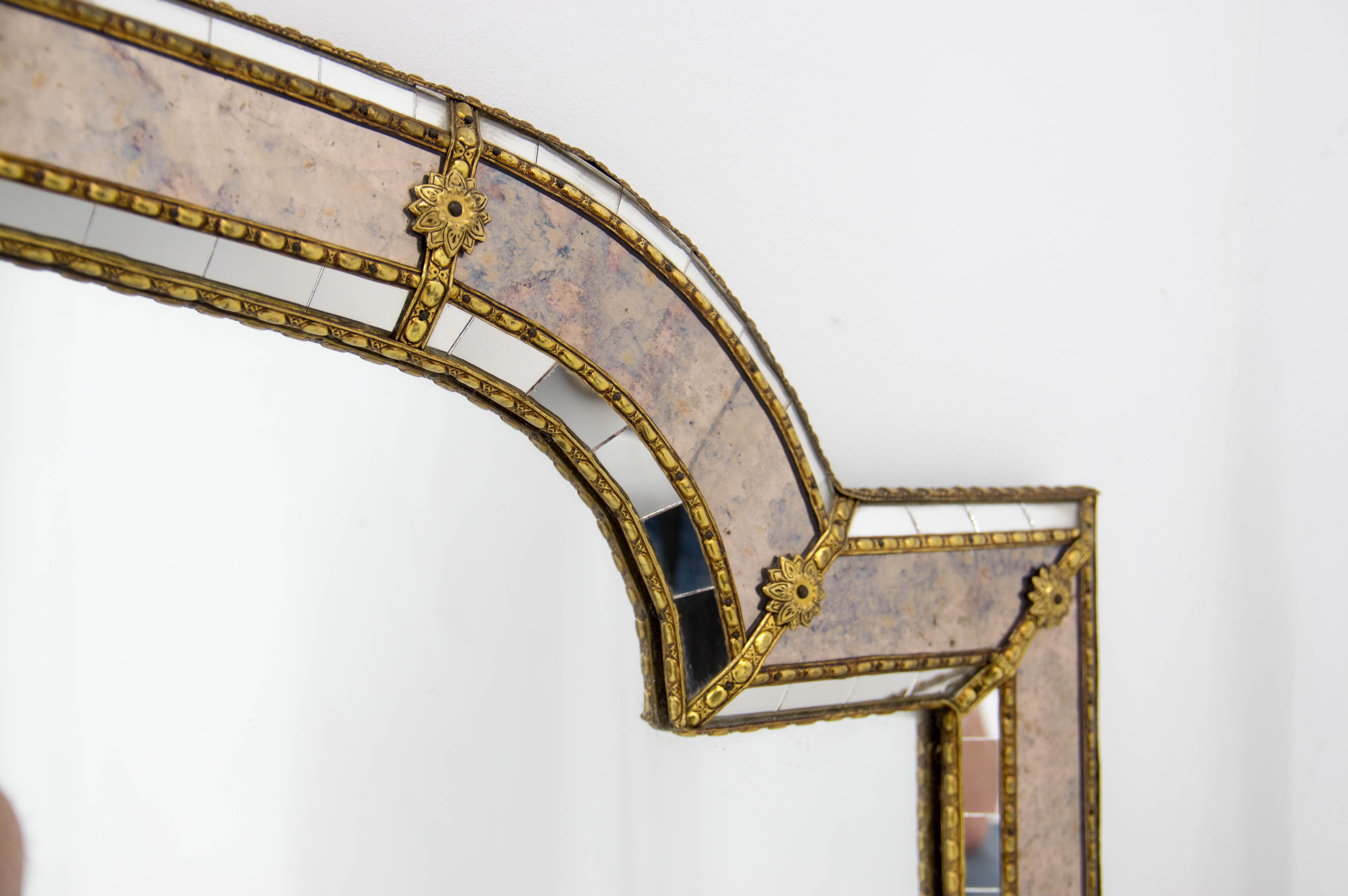 Multi-facets mirror with brass garlands, france, 1970s